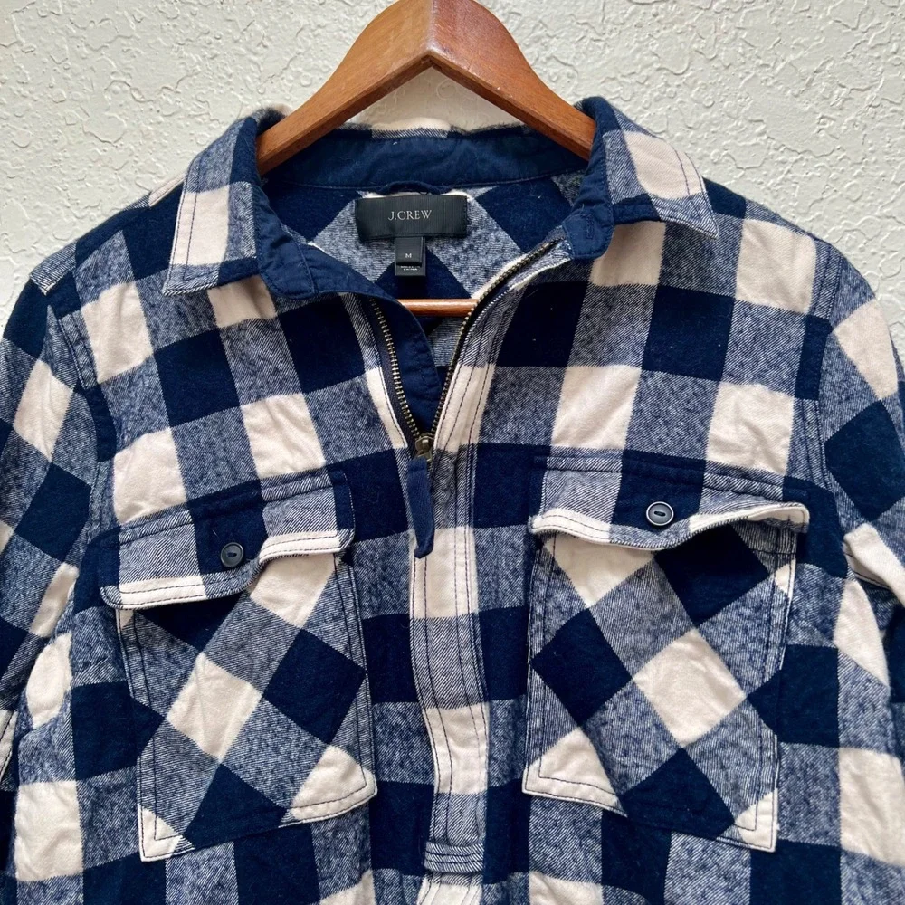J.Crew‎ Womens Navy Blue Buffalo Plaid Cotton Wool Half Zip Pullover Top Medium